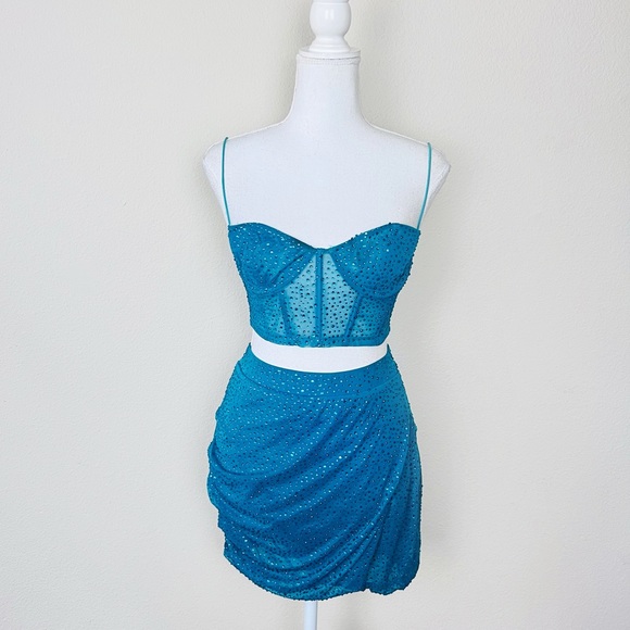 Oh Polly Dresses & Skirts - Oh Polly ‘Own The Night’ Emerald Rhinestone Corset Top & Mini Skirt Set